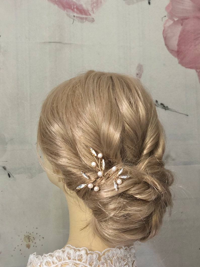 Épingle à cheveux de mariée, perles d'eau douce couleur or, strass, accessoires pour cheveux simples, minimalistes et élégants, couvre-chef de mariage image 10