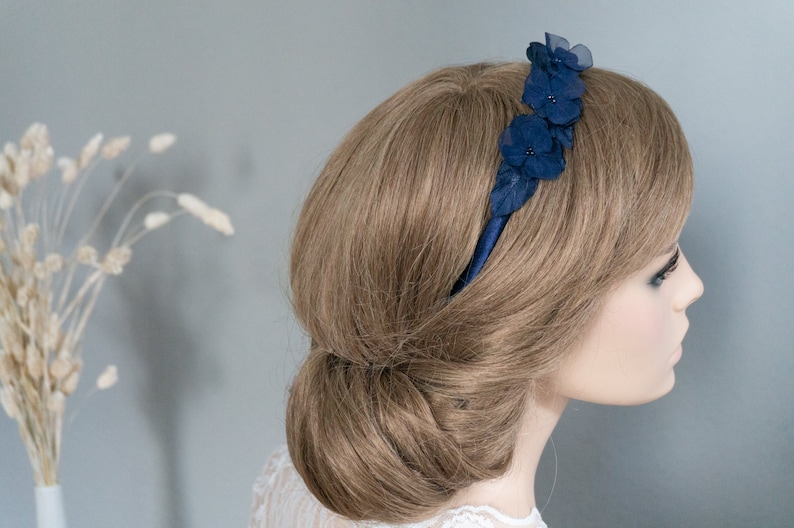 Headband hair accessory delicate flowers dark blue headpiece festive wedding confirmation image 5