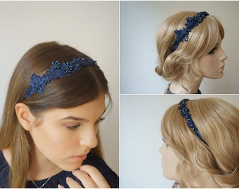 Bandeau dentelle accessoires cheveux "Gina" coiffure perles bleu foncé festive