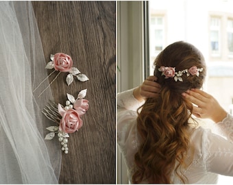 Braut Haarschmuck Haarkamm Haarnadel Loretta Rosen altrosa oder ivory Flechtfrisur Stecker Kopfschmuck Blumenmädchen und Brautjungfern