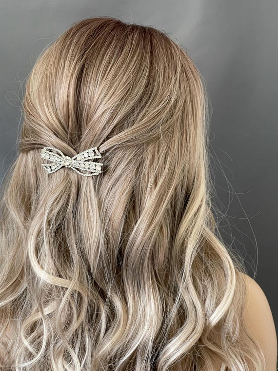 Hair Clip, Bow, Rhinestone, Bridal Headpiece, Silver-colored  display picture 2