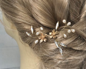 Braut Haarnadel Blumen goldfarben Perlen Strass schlicht minimalistisch edel Haarschmuck Hochzeit Kopfschmuck