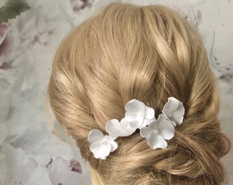 Bridal hair pins set of 5 satin hydrangeas flowers ivory pearls elegant hair accessories wedding headpiece