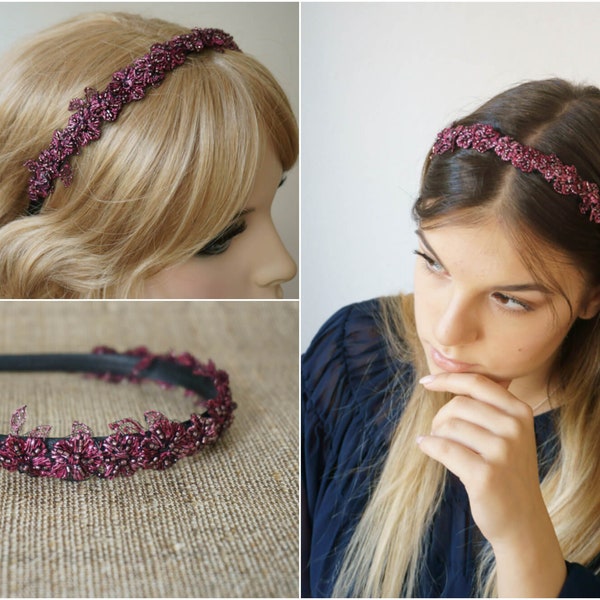 Edler Haarreif Spitze Haarschmuck "Ofelia" bordeaux weinrot Perlen Kopfschmuck festlich elegant schlicht