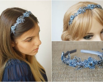 Edler Haarreif Spitze Haarschmuck "Odilia" blau silber Perlen Kopfschmuck festlich elegant