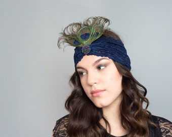 Turban en dentelle, plumes de paon, bleu foncé, bandeau en perles, broche, accessoires pour cheveux de fête, Great Gatsby, années 20