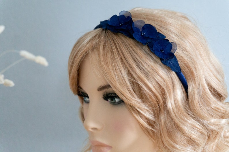 Headband hair accessory delicate flowers dark blue headpiece festive wedding confirmation image 4