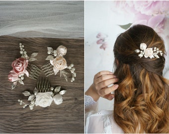 Bridal hair comb hair accessories Faye with beaded roses silver leaves braided hairstyle plug bridal headpiece color choice: ivory old pink ivory