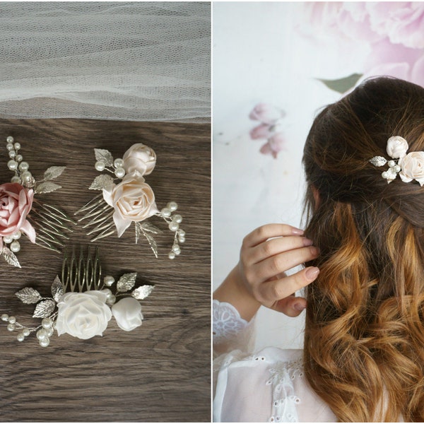 Braut Haarkamm Haarschmuck Faye mit Perlen Rosen silber Blätter Flechtfrisur Stecker Braut Kopfschmuck Farbwahl: ivory altrosa elfenbein