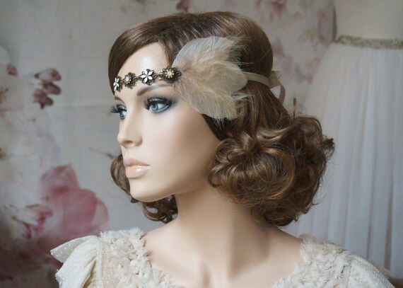 Flapper Hairband 20s Headband Beige Nude Nude Vintage Hoctime Etsy
