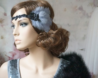 Hair band 20s flapper vintage look grey feathers black lace hair ornament headpiece 20s Gatsby Party