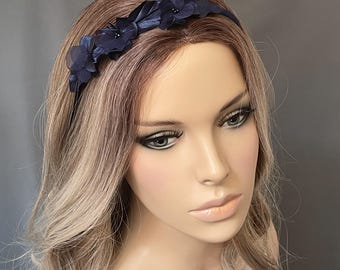 Hairband, hair accessory, delicate flowers, dark blue, headpiece, festive, wedding, confirmation, hairband, headband, flowers, hair wreath, blue