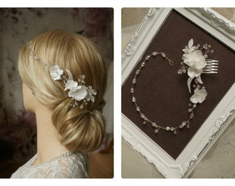 Bridal Hair jewelry head tiara Crystal stones diadem wreath flower lace Ivory