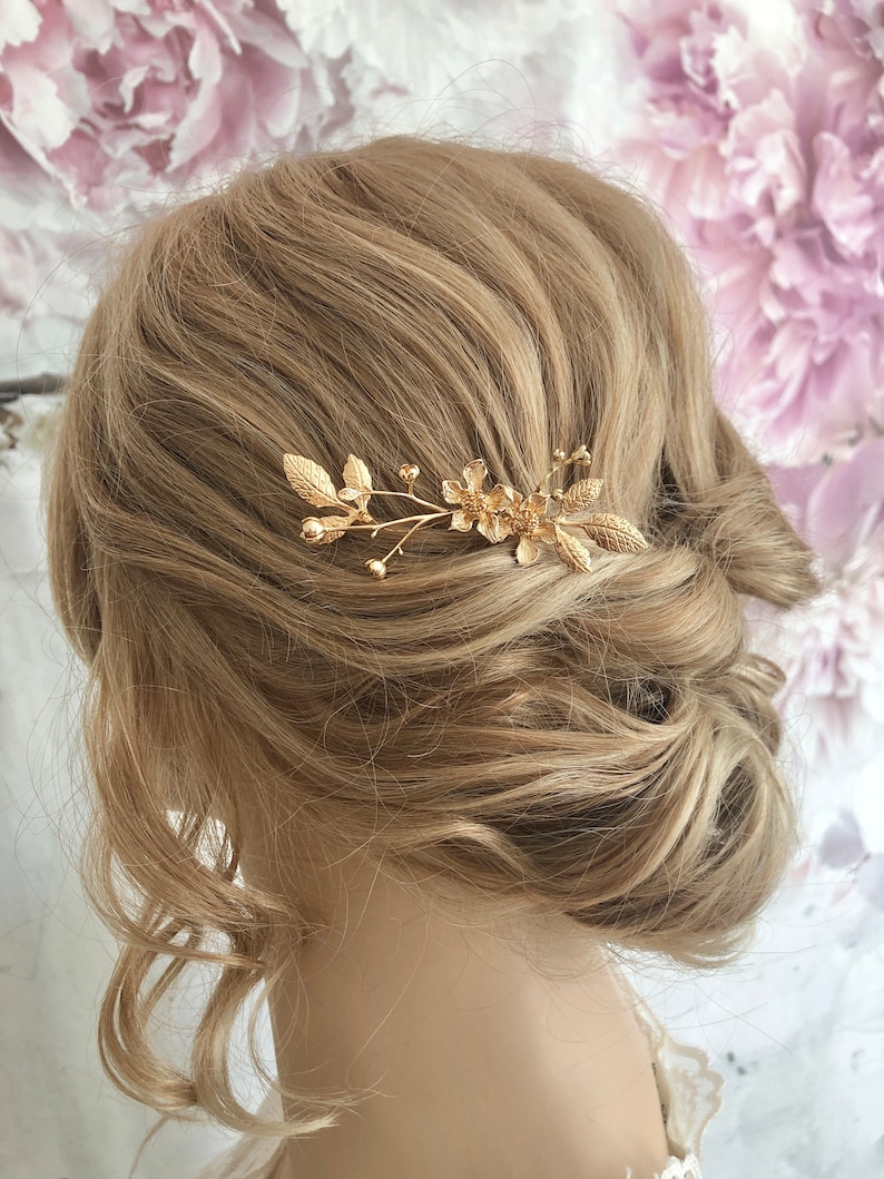 Braut Haarnadel Blumen goldfarben schlicht minimalistisch edel Haarschmuck Hochzeit Kopfschmuck Bild 4