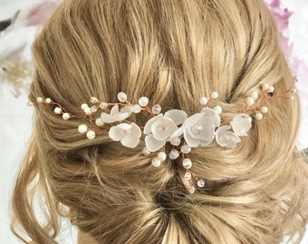 Bridal Silk Flowers Beaded Hair Vine Hair Accessories Rose Gold Headpiece Wedding Boho Wedding