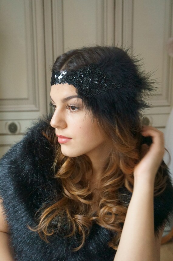 Flapper Hairband 20s Hair Jewelry Sequin Ribbon Black Gatsby Etsy