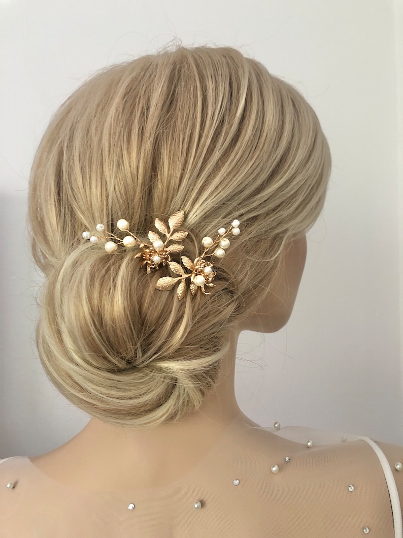 Épingle à cheveux de mariée, fleurs, perles dorées, feuilles, accessoires pour cheveux simples, minimalistes et élégants, couvre-chef de mariage image 6