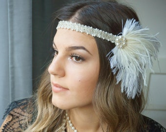 Bandeau de mariée en perles, couvre-chef en plumes des années 20, Gatsby des années 20, accessoires pour cheveux, broche, couvre-chef de fête