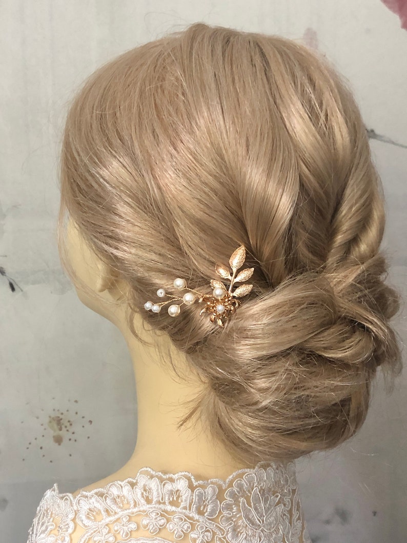 Épingle à cheveux de mariée, fleurs, perles dorées, feuilles, accessoires pour cheveux simples, minimalistes et élégants, couvre-chef de mariage image 2