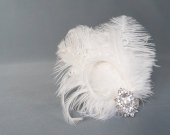 Bride Feathers Fascinator ivory Rhinestone Hairdress Wedding Headdress Boho vintage Look art deco