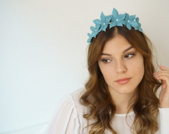 Bandeau fleurs en cuir couronne de fleurs couronne de cheveux accessoires de cheveux bleu clair couronne d'elfe casque bal de fleur filles et demoiselles d'honneur