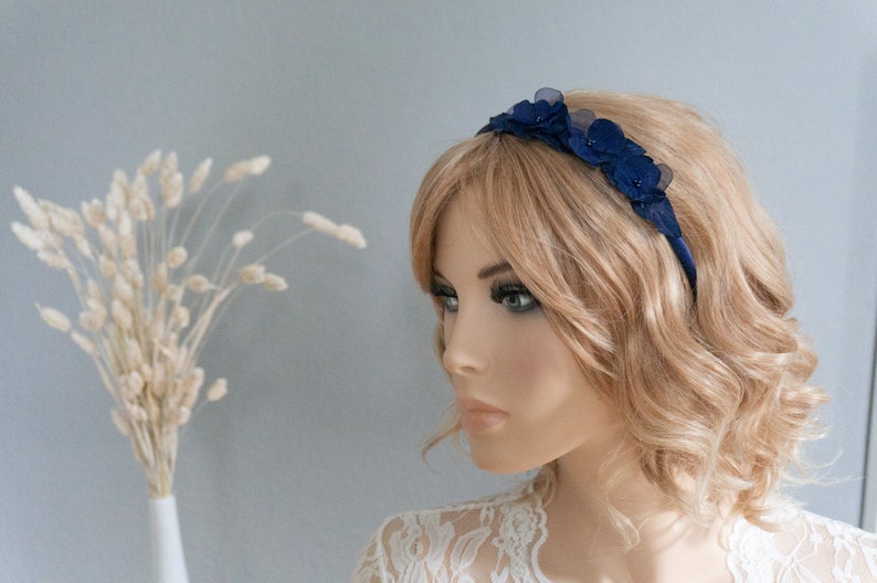 Headband hair accessory delicate flowers dark blue headpiece festive wedding confirmation image 3