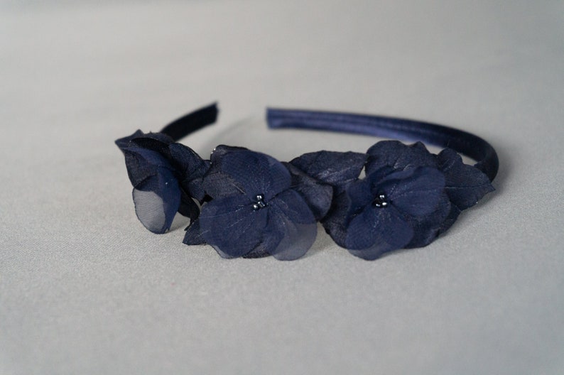 Headband hair accessory delicate flowers dark blue headpiece festive wedding confirmation image 6