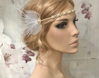 Braut Flapper Strass Perlen Haarband 20er Federn Organza Blätter Gatsby Haarschmuck Brosche Party Kopfschmuck