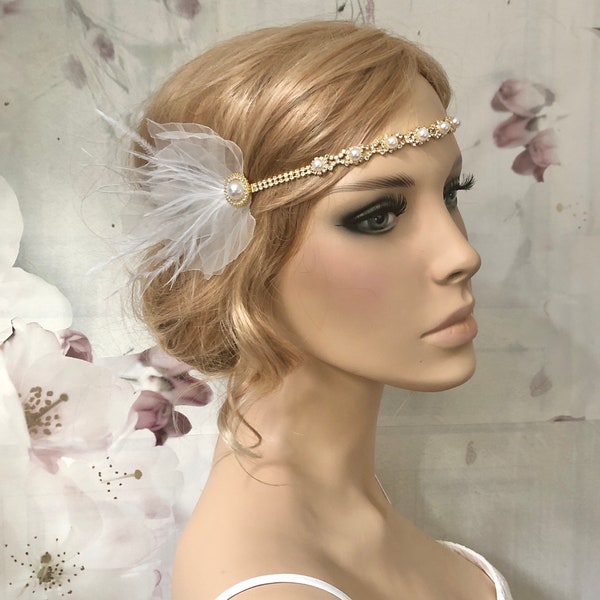 Braut Flapper Strass Perlen Haarband 20er Federn Organza Blätter Gatsby Haarschmuck Brosche Party Kopfschmuck