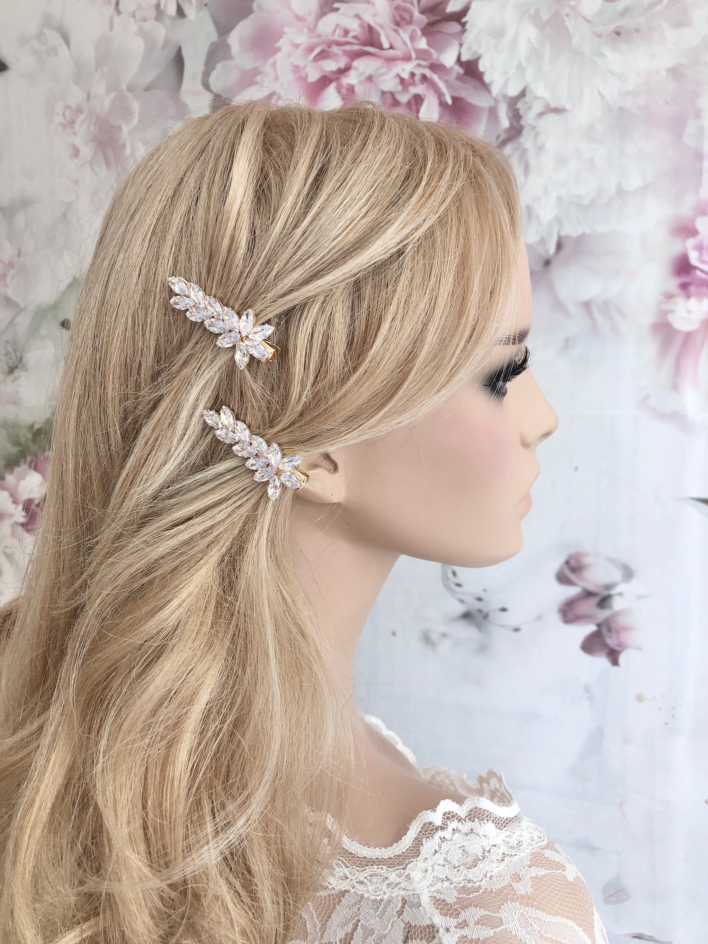 Rhinestone Hair Clip Set Bridal Headpiece Bridal Headpiece Gilded Leaves Hair Clips APRIL | EDEN LUXE  main image 4