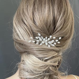 May include: A silver hair comb with pearl and crystal accents. The comb is designed in a floral shape with delicate branches and leaves.