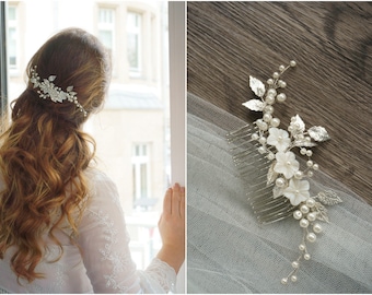 Robe à cheveux de mariée avec perles nacre fleurs feuilles argentées tressage mariage mariage mariage vintage