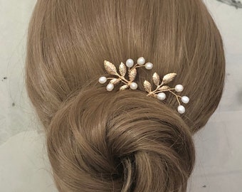 Épingle à cheveux de mariée, perles d'eau douce, feuilles, couleur or, simple, minimaliste, élégant, accessoires pour cheveux, couvre-chef de mariage