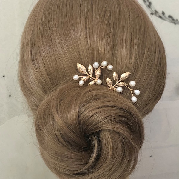 Braut Haarnadel Süßwasserperlen Blätter goldfarben schlicht minimalistisch edel Haarschmuck Hochzeit Kopfschmuck