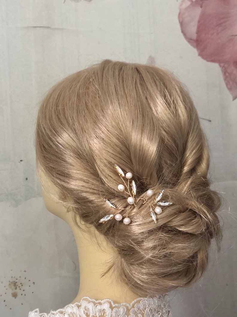 Épingle à cheveux de mariée, perles d'eau douce couleur or, strass, accessoires pour cheveux simples, minimalistes et élégants, couvre-chef de mariage image 3