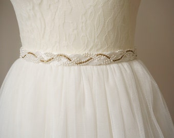 Beaded bridal belt ivory gold wedding dress belt bridal accessory