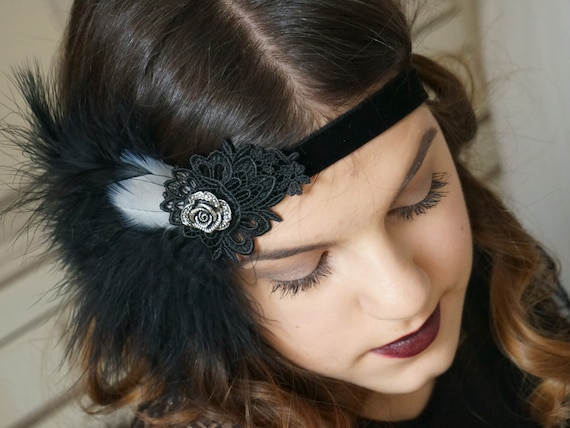1920s Feather Headband, Vintage Look, Black, Flapper  display picture 3