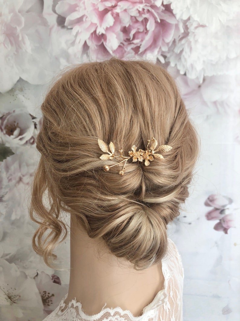 Braut Haarnadel Blumen goldfarben schlicht minimalistisch edel Haarschmuck Hochzeit Kopfschmuck Bild 6