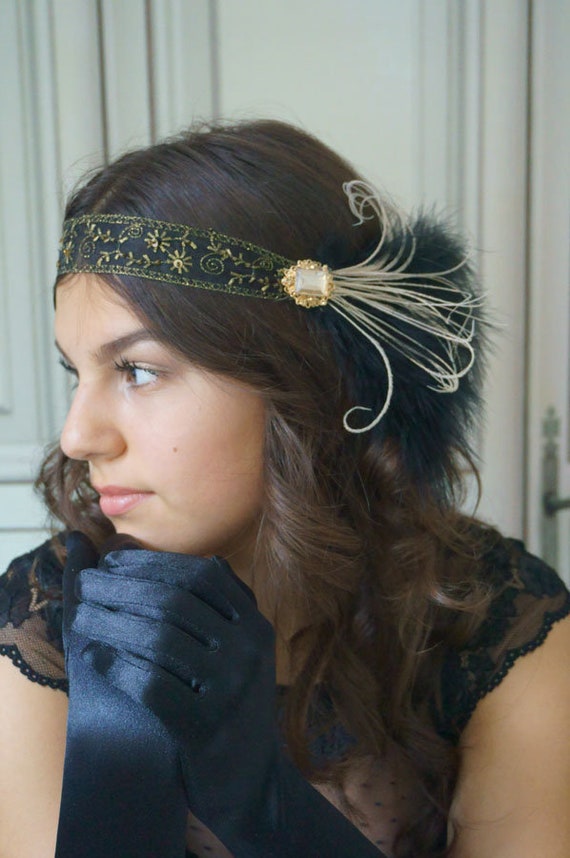 Hair Accessories Hairband 20s Flapper Black Gold Lace Hairband Etsy