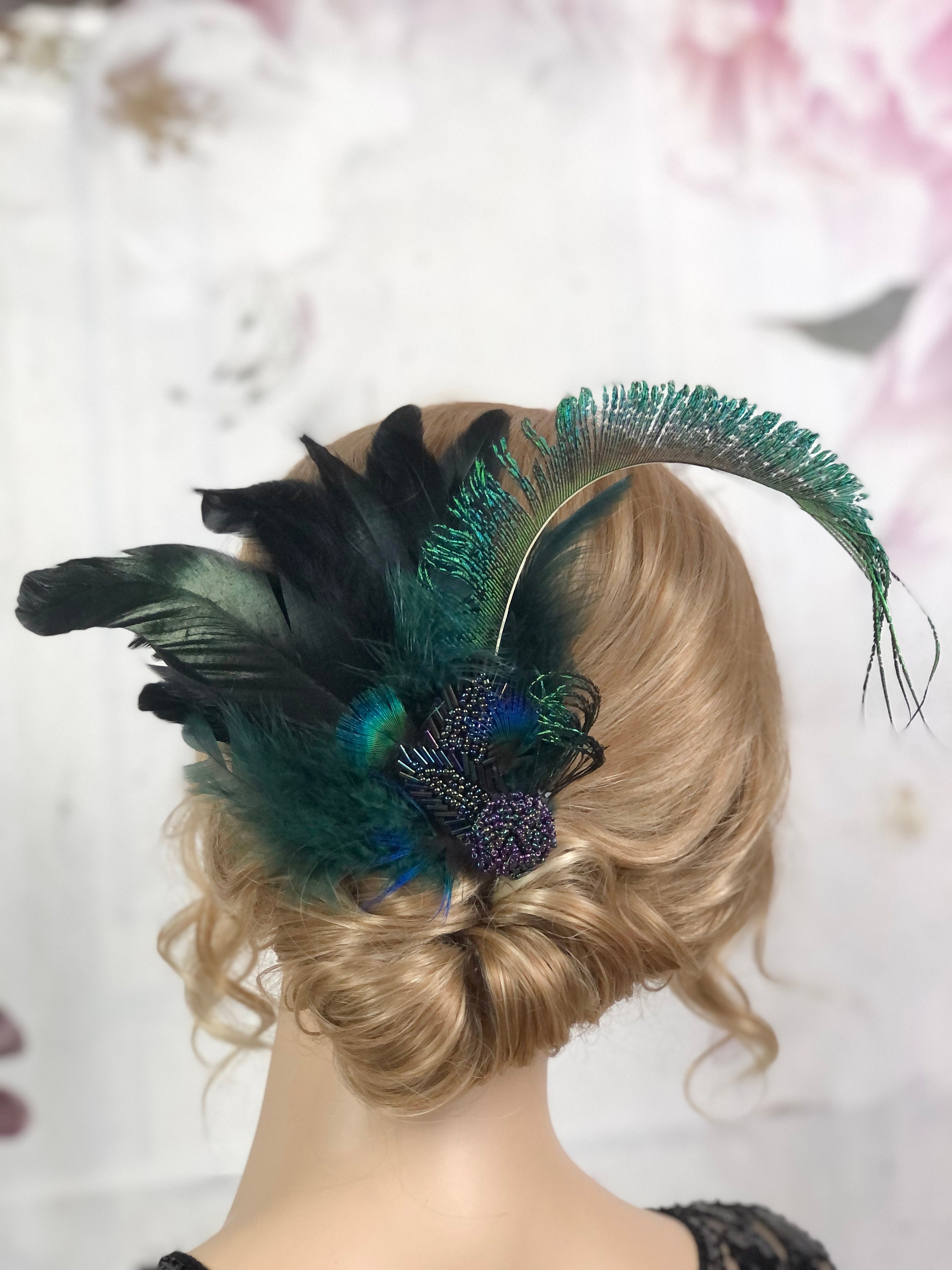 Art Deco Fascinator Headpiece Peacock Feather Gatsby Flapper Party Hair Clip Amazon.com: BABEYOND Peacock Feather Hair Clip, 9.8 main image 2