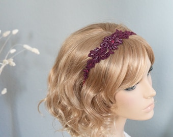 Elegant headband lace burgundy wine red pearl headdress festive hair accessories elegantly simple