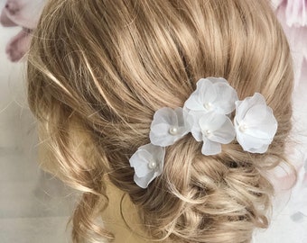 Braut Haarnadel Organza Blumen ivory Perlen edel Haarschmuck Hochzeit Kopfschmuck