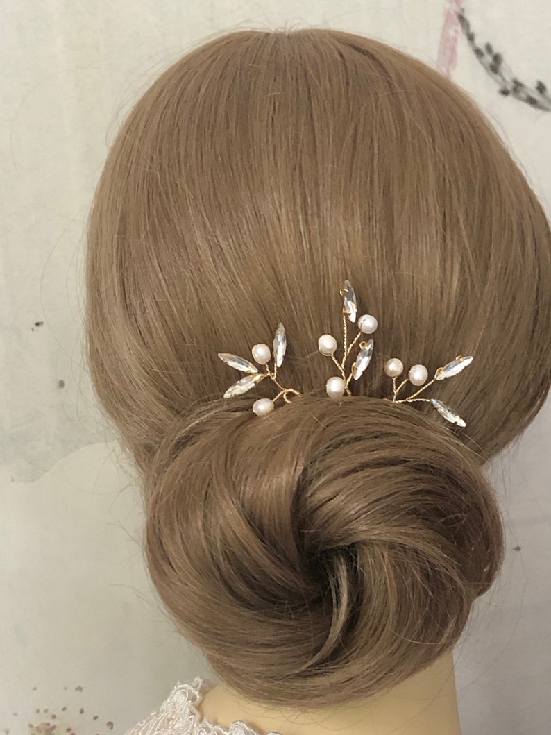 Épingle à cheveux de mariée, perles d'eau douce couleur or, strass, accessoires pour cheveux simples, minimalistes et élégants, couvre-chef de mariage image 1