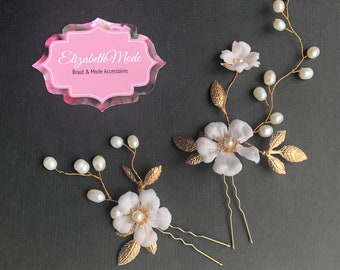 Bridal hairpin set freshwater pearls silk flowers noble hair accessories Hochzeir headdress