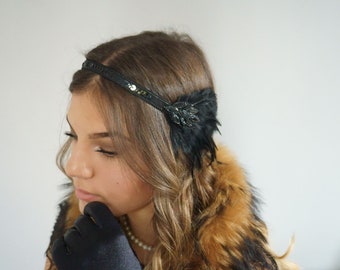 Bijoux de cheveux 20s Black Flapper casque 20s paillettes plumes Gatsby coiffure broche partie tête de parti