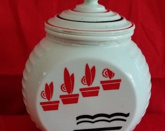 Vintage Fire King Glass Grease Jar 1940s Milk Glass Art Deco Red and Black Fired On Color Flower Pots Vintage Fire King Glass Grease Jar 1940s Milk Glass Art Deco Red and Black Fired On Color Flower Pots
