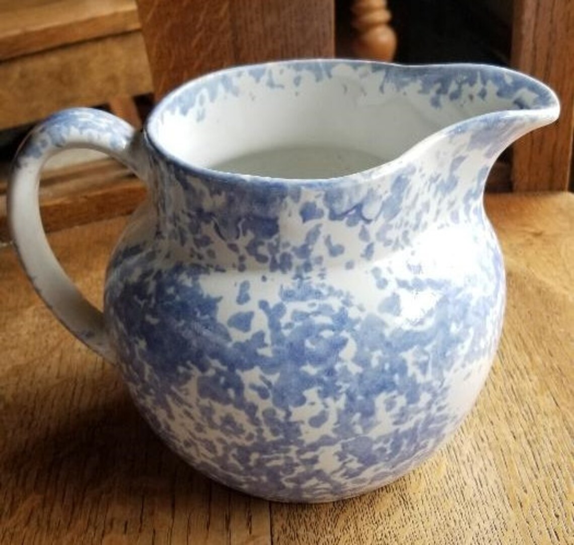 Stoneware Blue and White Spongeware Pitcher Etsy