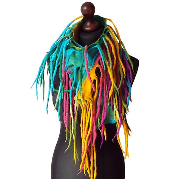 Boho colorful hand felted scarf, Wearable Art