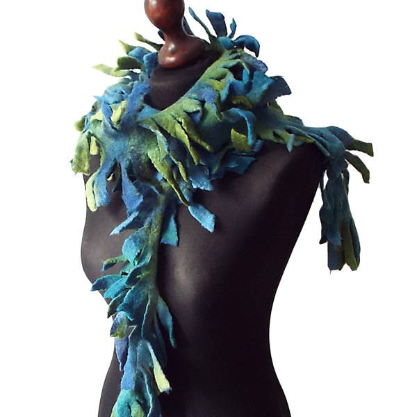 Green and blue felt scarf, Felted boa, Art To Wear