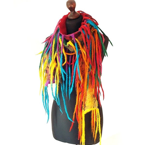 Felted Scarf Felt Collar Felted Necklace Art to wear Multicolor Wearable Art Rainbow Fun Wool necklace Colorful Boho Fringes Gift OOAK